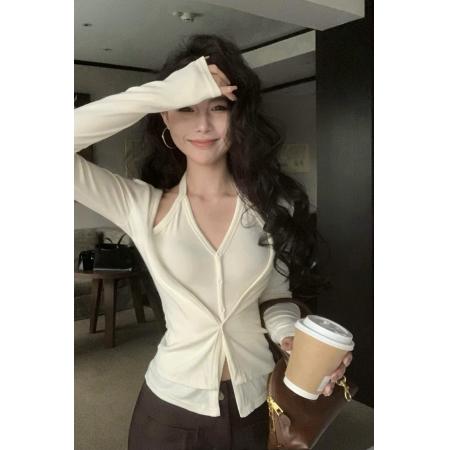 FA53293# 秋冬新款性感辣妹风吊带挂脖开衫显瘦假两件内搭打底上衣 服裝批發女裝批發服飾貨源