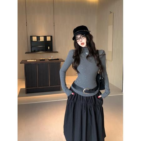 FA53294# 辣妹亮闪闪半高领长袖修身显瘦磨毛收腰内搭打底衫上衣 服裝批發女裝批發服飾貨源