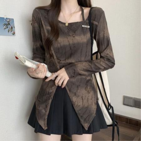 FA53296# 韩版复古不规则方领特色修身套头款打底长袖百搭上衣女装 服裝批發女裝批發服飾貨源