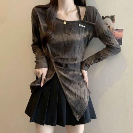 FA53296# 韩版复古不规则方领特色修身套头款打底长袖百搭上衣女装 服裝批發女裝批發服飾貨源