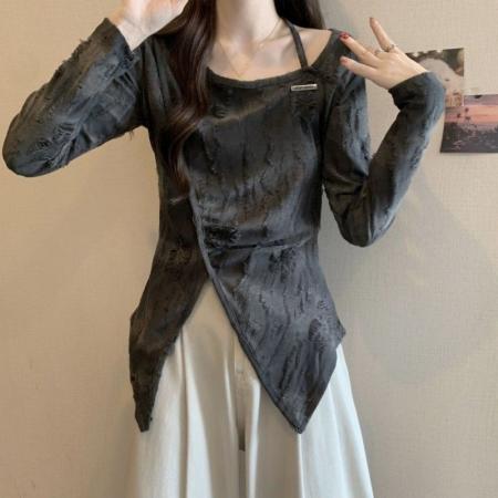 FA53296# 韩版复古不规则方领特色修身套头款打底长袖百搭上衣女装 服裝批發女裝批發服飾貨源