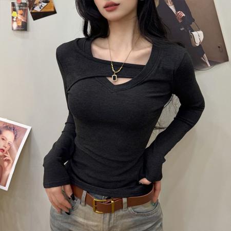 FA53301# 秋冬新款加厚磨毛V领拼接时尚显瘦设计款打底衫上衣 服裝批發女裝批發服飾貨源