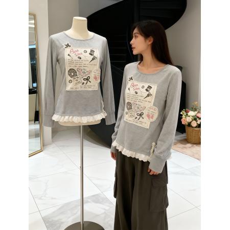 FA53303# 德绒1*1温柔风灰色蕾丝花边拼接圆领贴布长袖t恤秋季百搭上衣 服裝批發女裝批發服飾貨源