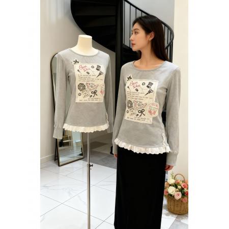 FA53303# 德绒1*1温柔风灰色蕾丝花边拼接圆领贴布长袖t恤秋季百搭上衣 服裝批發女裝批發服飾貨源