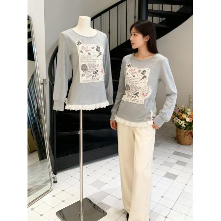 FA53303# 德绒1*1温柔风灰色蕾丝花边拼接圆领贴布长袖t恤秋季百搭上衣 服裝批發女裝批發服飾貨源