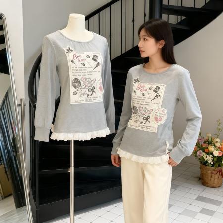 FA53303# 德绒1*1温柔风灰色蕾丝花边拼接圆领贴布长袖t恤秋季百搭上衣 服裝批發女裝批發服飾貨源