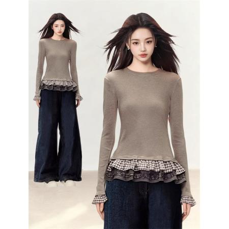 FA53304# 1*1德绒纯欲风荷叶花边下摆chic长袖T恤女生冬季修身打底衫上衣 服裝批發女裝批發服飾貨源