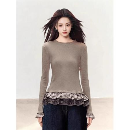FA53304# 1*1德绒纯欲风荷叶花边下摆chic长袖T恤女生冬季修身打底衫上衣 服裝批發女裝批發服飾貨源
