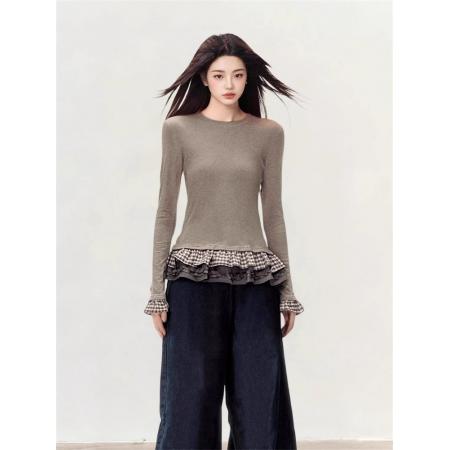 FA53304# 1*1德绒纯欲风荷叶花边下摆chic长袖T恤女生冬季修身打底衫上衣 服裝批發女裝批發服飾貨源