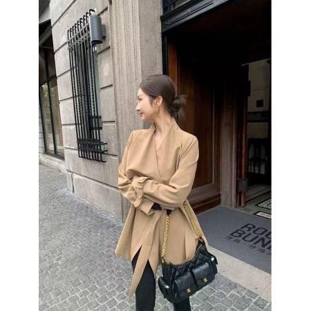 FA53306# 卡其色气质短款风衣女秋季新款宽松翻领系带 服裝批發女裝批發服飾貨源