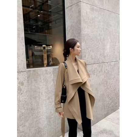 FA53306# 卡其色气质短款风衣女秋季新款宽松翻领系带 服裝批發女裝批發服飾貨源