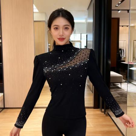 FA53309# 春上新别致钉珠烫钻修身显瘦设计感轻奢女上衣T恤时尚小衫S-3XL 服裝批發女裝批發服飾貨源