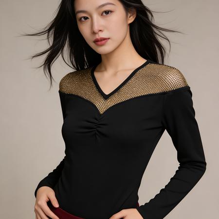 FA53311# 欧货春上新设计感别致v领烫钻网镶钻棉T恤长袖上衣女货 服裝批發女裝批發服飾貨源