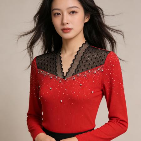 FA53312# 春上新别致钉珠烫钻修身显瘦设计感轻奢女上衣T恤时尚小衫S-3XL 服裝批發女裝批發服飾貨源