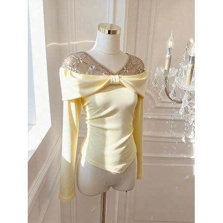 FA53313# 新年红色长袖t恤女秋冬一字肩亮片上衣蕾丝打底衫 服裝批發女裝批發服飾貨源