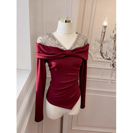 FA53313# 新年红色长袖t恤女秋冬一字肩亮片上衣蕾丝打底衫 服裝批發女裝批發服飾貨源