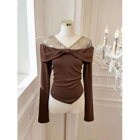 FA53313# 新年红色长袖t恤女秋冬一字肩亮片上衣蕾丝打底衫 服裝批發女裝批發服飾貨源