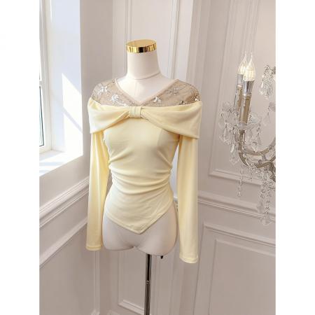 FA53313# 新年红色长袖t恤女秋冬一字肩亮片上衣蕾丝打底衫 服裝批發女裝批發服飾貨源