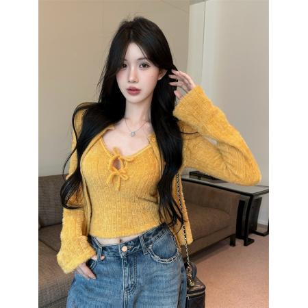 FA53314# V领系带无袖露肩毛织背心+喇叭袖无领排扣毛绒软糯开衫 服裝批發女裝批發服飾貨源