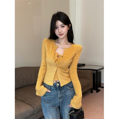 FA53314# V领系带无袖露肩毛织背心+喇叭袖无领排扣毛绒软糯开衫 服裝批發女裝批發服飾貨源