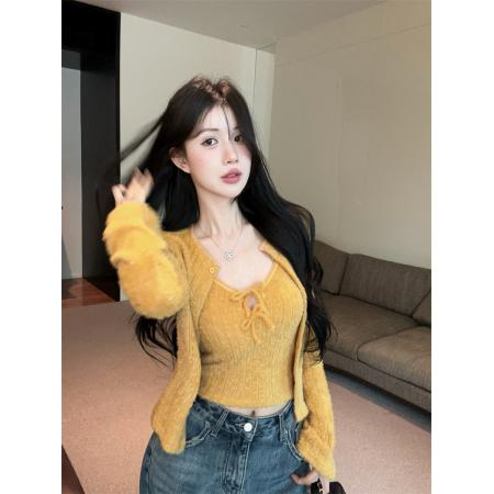 FA53314# V领系带无袖露肩毛织背心+喇叭袖无领排扣毛绒软糯开衫 服裝批發女裝批發服飾貨源