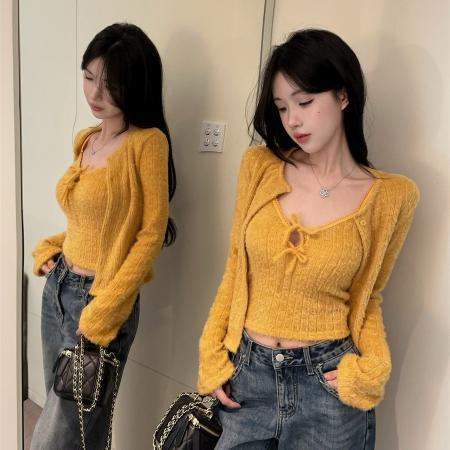 FA53314# V领系带无袖露肩毛织背心+喇叭袖无领排扣毛绒软糯开衫 服裝批發女裝批發服飾貨源