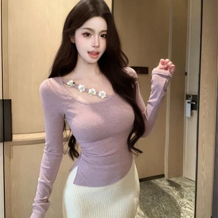 FA53317# 设计感性感U领不规则挂脖花朵钉珠皱褶修身显瘦打底T恤 服裝批發女裝批發服飾貨源