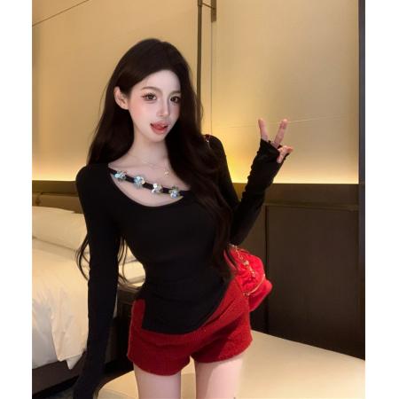 FA53317# 设计感性感U领不规则挂脖花朵钉珠皱褶修身显瘦打底T恤 服裝批發女裝批發服飾貨源