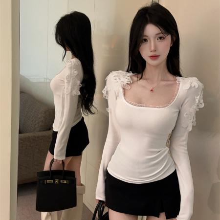 FA53318# 纯欲性感立体刺绣蕾丝花边拼接U领百搭修身显瘦打底T恤 服裝批發女裝批發服飾貨源