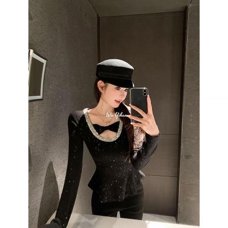 FA53319# 白色荷叶边内搭正肩长袖T恤女冬季新品收腰修身显瘦打底上衣爆款 服裝批發女裝批發服飾貨源