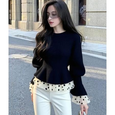 FA53320# 独特别致黑色拼接针织衫女装冬季气质高级感时髦洋气掐腰毛衣 服裝批發女裝批發服飾貨源