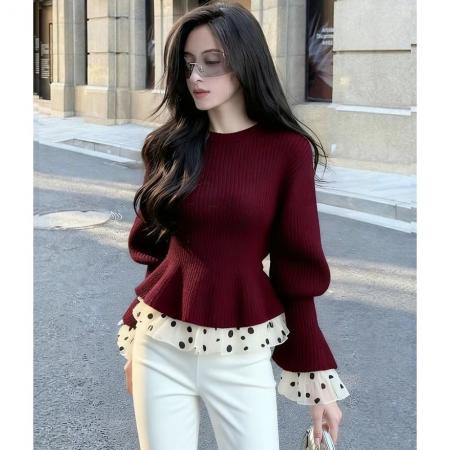 FA53320# 独特别致黑色拼接针织衫女装冬季气质高级感时髦洋气掐腰毛衣 服裝批發女裝批發服飾貨源