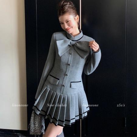 FA53322# 秋冬新款韩版简约格雷系千金风小香蝴蝶结修身显瘦撞色百褶连衣裙 服裝批發女裝批發服飾貨源