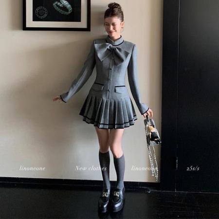 FA53322# 秋冬新款韩版简约格雷系千金风小香蝴蝶结修身显瘦撞色百褶连衣裙 服裝批發女裝批發服飾貨源