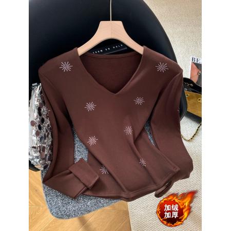 FA53324# 设计感V领烫钻长袖修身打底衫秋冬新款磨毛保暖别致上衣 服裝批發女裝批發服飾貨源