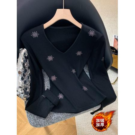 FA53324# 设计感V领烫钻长袖修身打底衫秋冬新款磨毛保暖别致上衣 服裝批發女裝批發服飾貨源