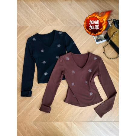 FA53324# 设计感V领烫钻长袖修身打底衫秋冬新款磨毛保暖别致上衣 服裝批發女裝批發服飾貨源