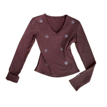 FA53324# 设计感V领烫钻长袖修身打底衫秋冬新款磨毛保暖别致上衣 服裝批發女裝批發服飾貨源