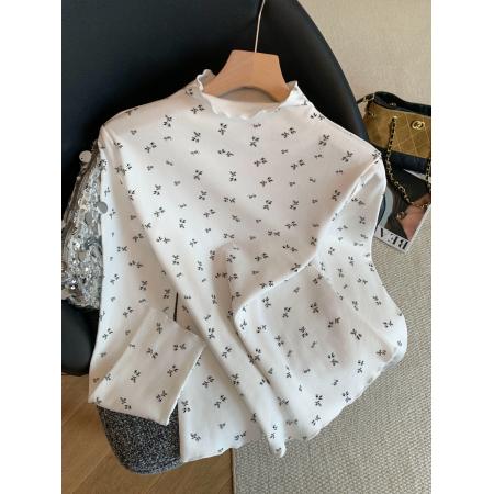 FA53325# 新款韩系印花木耳边磨毛保暖打底衫修身百搭长袖上衣 服裝批發女裝批發服飾貨源