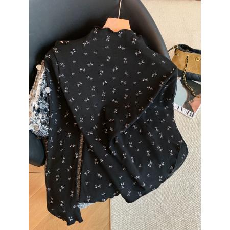 FA53325# 新款韩系印花木耳边磨毛保暖打底衫修身百搭长袖上衣 服裝批發女裝批發服飾貨源