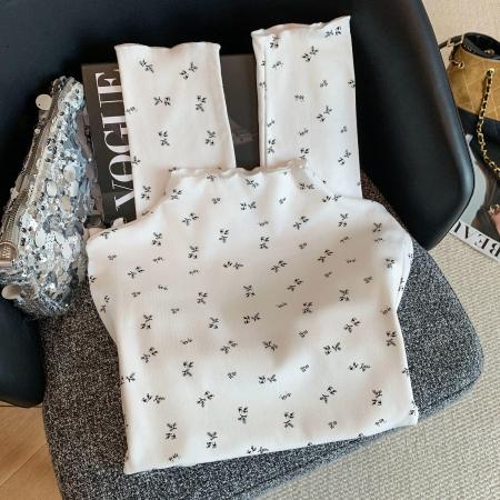 FA53325# 新款韩系印花木耳边磨毛保暖打底衫修身百搭长袖上衣 服裝批發女裝批發服飾貨源