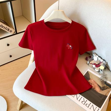 FA53326# 春新款红色小马贴布圆领短袖T恤女新款百搭休闲上衣 服裝批發女裝批發服飾貨源