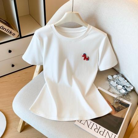 FA53326# 春新款红色小马贴布圆领短袖T恤女新款百搭休闲上衣 服裝批發女裝批發服飾貨源