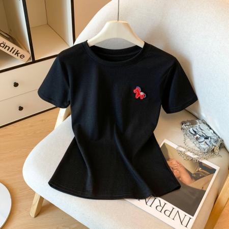 FA53326# 春新款红色小马贴布圆领短袖T恤女新款百搭休闲上衣 服裝批發女裝批發服飾貨源