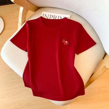 FA53326# 春新款红色小马贴布圆领短袖T恤女新款百搭休闲上衣 服裝批發女裝批發服飾貨源