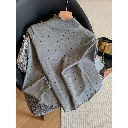 FA53327# 复古波点打底衫女内搭可外穿半高领木耳边修身长袖上衣 服裝批發女裝批發服飾貨源