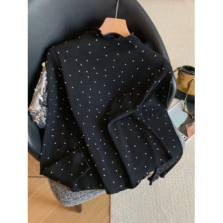 FA53327# 复古波点打底衫女内搭可外穿半高领木耳边修身长袖上衣 服裝批發女裝批發服飾貨源