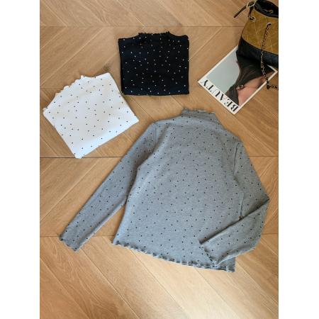 FA53327# 复古波点打底衫女内搭可外穿半高领木耳边修身长袖上衣 服裝批發女裝批發服飾貨源