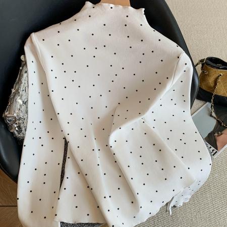 FA53327# 复古波点打底衫女内搭可外穿半高领木耳边修身长袖上衣 服裝批發女裝批發服飾貨源