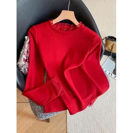 FA53328# 冬季新款长袖加绒打底衫T恤女蕾丝拼接时尚洋气百搭上衣 服裝批發女裝批發服飾貨源